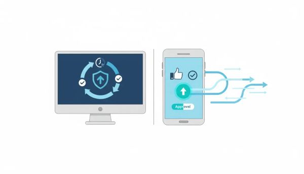 Illustration showing a mobile-compatible social planner approval workflow moving approvals from desktop to a smartphone faster