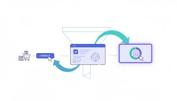Illustration of a one-click upsell funnel flow showing checkout leading to a highlighted upsell offer with a single-click action and secure token concept, with no text.