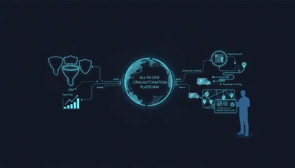 Illustration showing connected field service operations—dispatch, routing, technician tracking, and workflow integration—linked to an all-in-one automation dashboard without any text.