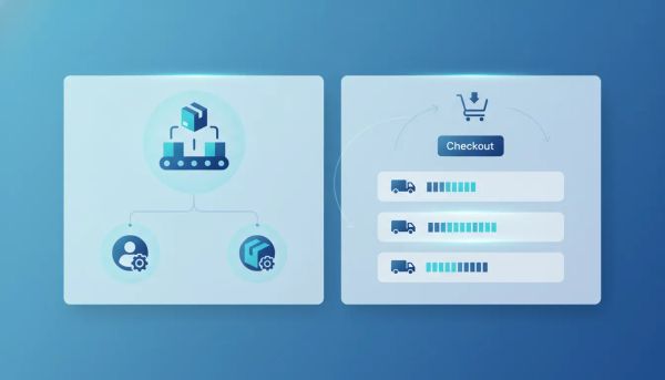 Illustration showing automatic shipping profile syncing and live shipping rates at checkout between a logistics dashboard and a checkout screen, with no text.