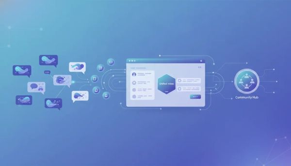 Illustration of an integrated social media dashboard showing comment bubbles from multiple channels flowing into a community management hub, symbolizing in-platform comment replies.