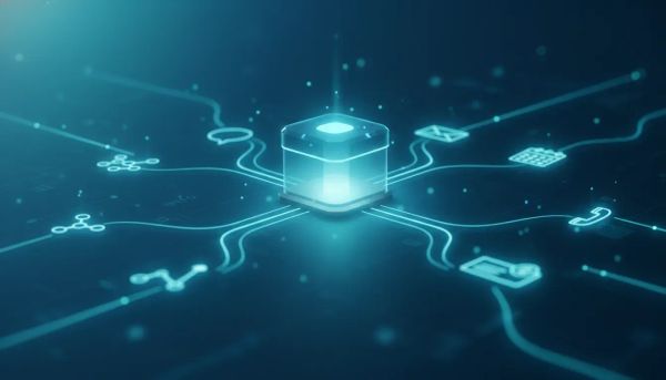 Abstract illustration of a central business hub connected to multiple service tools and communication systems in one unified platform, with glowing lines and modern SaaS style.
