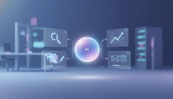 Illustration of an AI core integrated into everyday workplace tools, shown by connected app panels representing search, writing, research, and background tasks.