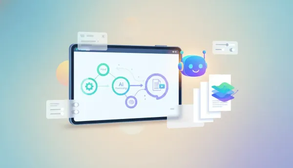 Illustration of an AI assistant guiding the creation of an end-to-end blog inside a marketing automation dashboard, shown with connected workflow steps and transforming blank pages into a co