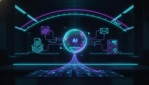 Futuristic illustration of an always-on AI agent in a night workspace, connected via glowing network links to documents and work tools, symbolizing persistent context and work memory.