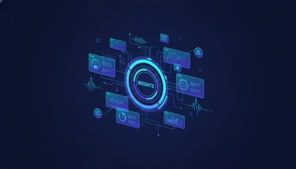 Abstract tech dashboard illustration showing automated Voice AI performance reporting with connected data, waveform signals, and glowing insights hub