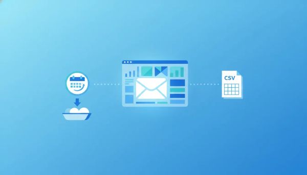 Illustration of email marketing data being exported from a CRM dashboard into a downloadable CSV file with a timeline selector.