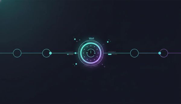 Illustration of a modern workflow automation showing an upgraded recurring wait action with clock and loop schedule icons, highlighted for a smarter HighLevel experience.