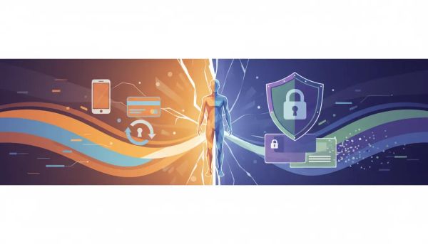 An editorial illustration showing the internet divided between AI convenience and data privacy, with warm connection cues on one side and protective lock/privacy layers on the other.