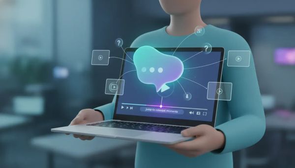 Illustration of an AI chat interface linked to a highlighted video timeline, representing more conversational learning with relevant video moments.