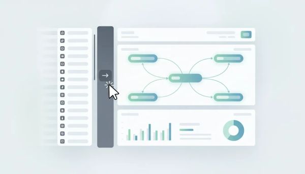 Illustration of a workflow builder UI with a sidebar resizing and expanding to create more space for automation panels and connected workflow nodes.