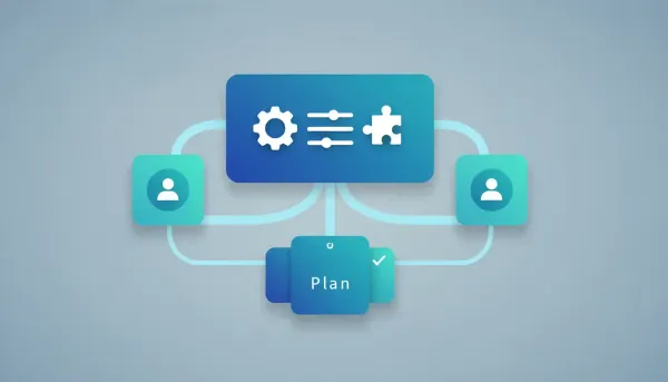 Illustration of a centralized SaaS configurator creating SaaS V2 plans with connected panels flowing into a unified plan.