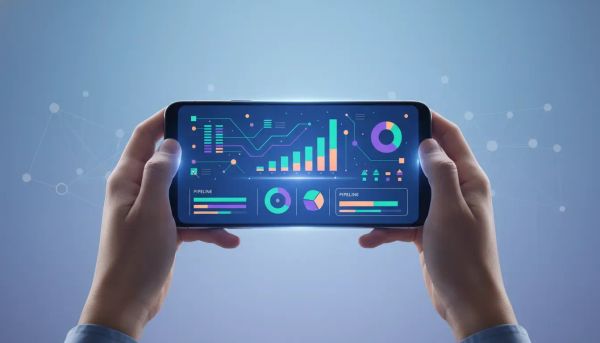 Smartphone showing abstract analytics dashboards with charts and pipeline visualizations, representing mobile insights reporting in HighLevel