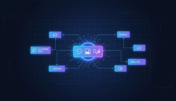 Illustration of AI actions integrated into a HighLevel-style workflow builder with connected nodes, glowing action steps, and neural network lighting, showing text-less automation functional