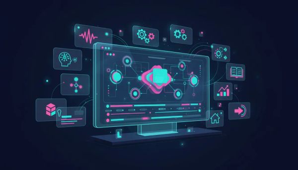 Futuristic high-tech dashboard illustration showing a visual AI editor experience and multiple connected product feature panels without any text.
