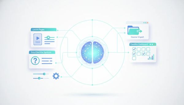 AI-assisted course creation and management concept showing an abstract AI core connected to lesson, quiz, and settings modules.