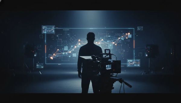 POV cinematic scene showing a creator using a structured AI workflow with holographic storyboard connections, implying intentional, authored results
