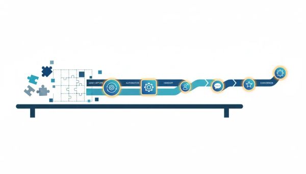 Abstract illustration showing a scalable customer journey blueprint replacing disconnected automation, with connected workflow paths and aligned steps—no text.