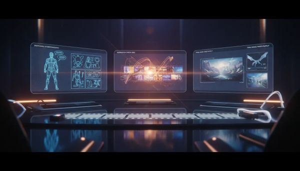 Cinematic illustration showing a three-step AI workflow with glowing holographic panels, film strip elements, and dramatic lighting, with no text.
