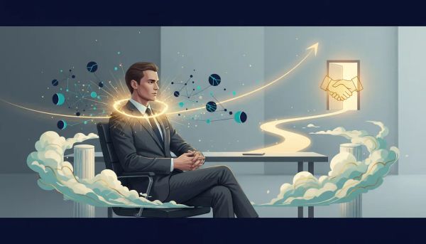 Abstract illustration of building trust to attract clients without sales calls, showing a calm professional surrounded by glowing network and warm light that leads toward a handshake-like co