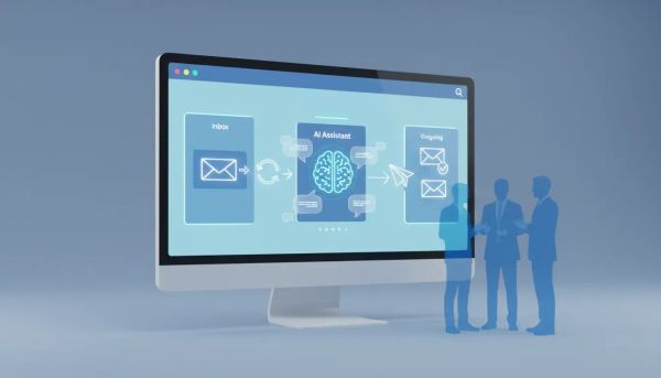 Illustration of AI automatically sending email replies through a HighLevel-style inbox workflow, showing incoming emails turning into outgoing responses with a conversational dashboard look.