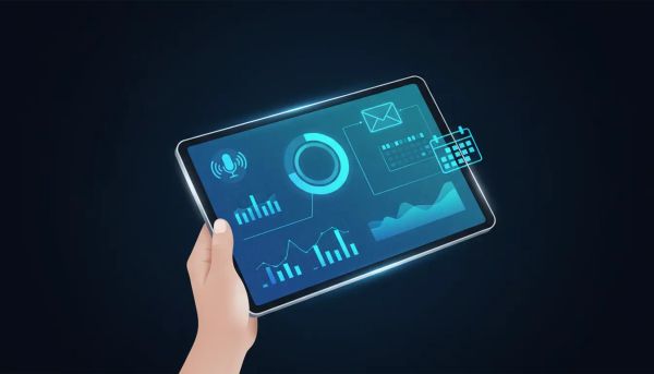 Abstract illustration of Voice AI performance reports with charts, call waveforms, and automated email summaries—no text.