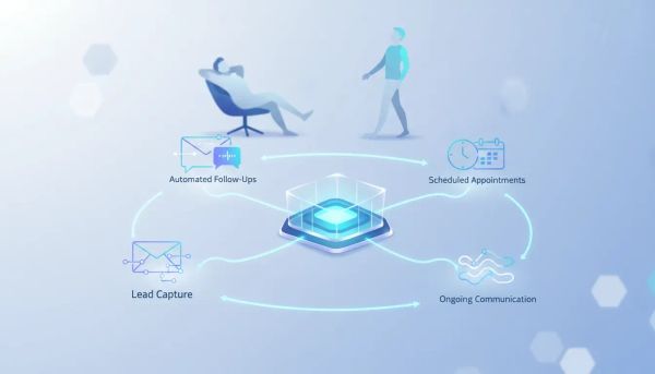 Conceptual image of an automated business system with a central hub connected to lead capture, follow-ups, appointment scheduling, and communication flows, with automation continuing while t
