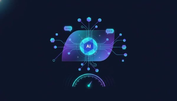 Futuristic illustration of an AI co-pilot guiding a transparent workflow builder with connected nodes, glowing pathways, and a speed motif, without any text.