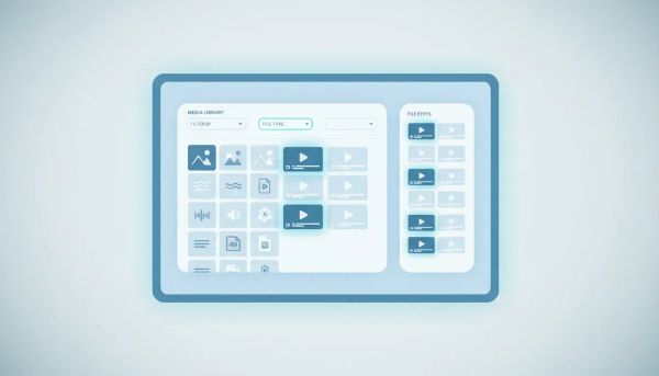 Illustration of a media library dashboard with thumbnails and filter controls that narrow results by file type, highlighting the selected media category.