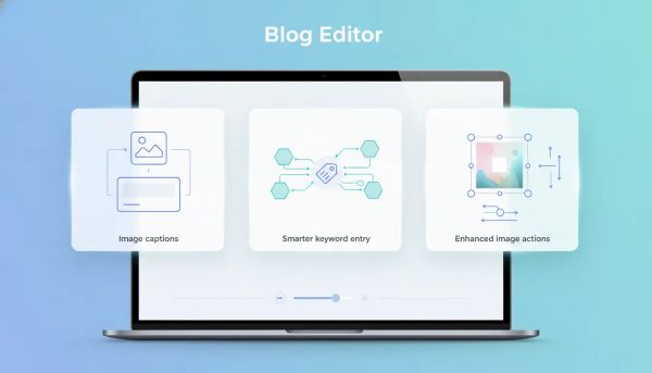 Illustration of a blog editor interface showing image caption controls, smarter keyword scheduling elements, and enhanced image layout actions without any text.