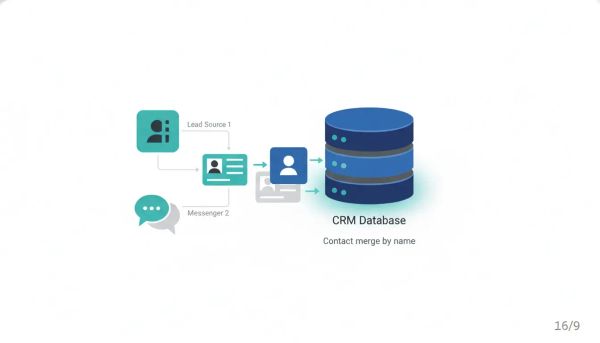 Illustration of a CRM system merging contact records from Facebook lead forms and Messenger conversations by matching them into a single contact.