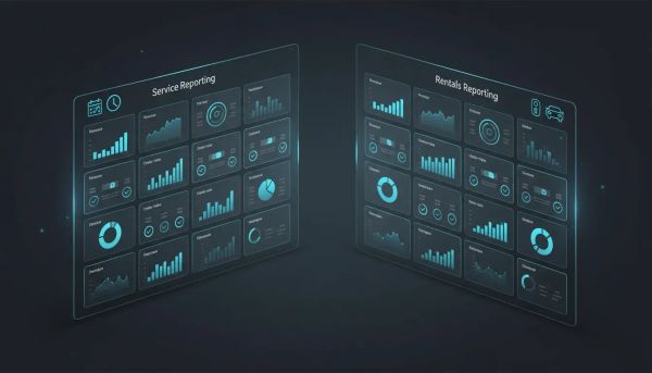 Illustration of a modern analytics dashboard with modular service and rental reporting widgets showing charts and performance visuals, without any text.