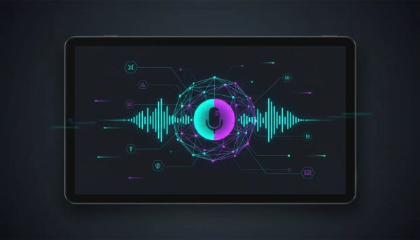 Abstract illustration of AI voice control guiding connected CRM workflow nodes with sound-wave effects and a glowing AI core, conveying faster, frictionless task completion.