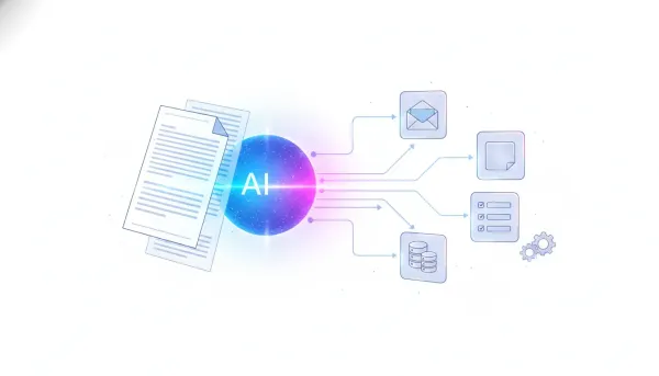 Illustration of AI extracting structured data from unstructured text inside an automated workflow.