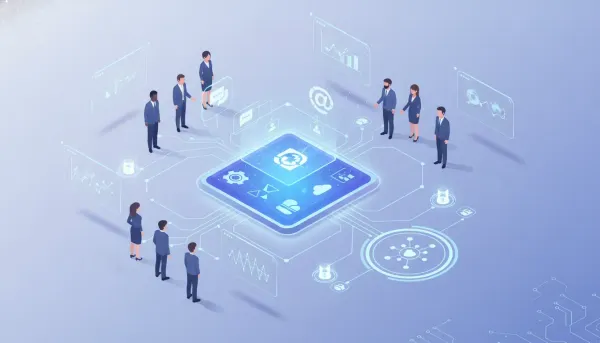 Illustration of a business team collaborating with AI to generate and share an internal app using abstract data and access control icons, with no text.