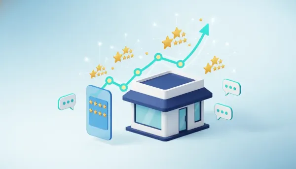 Illustration of a local business storefront with glowing star ratings and upward growth indicators symbolizing AI-powered review reactivation and client outreach