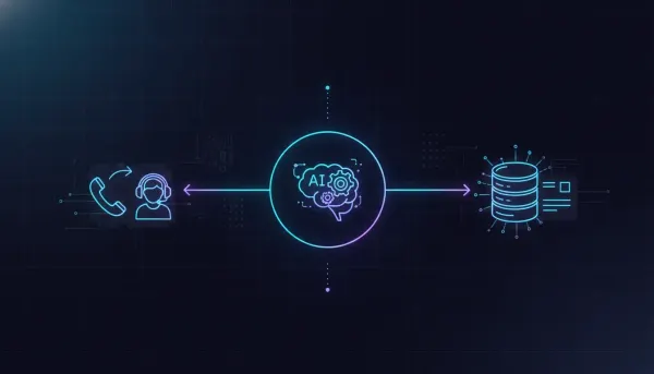 Illustration showing an AI voice assistant transferring a live call to an agent and updating a customer contact record in a CRM
