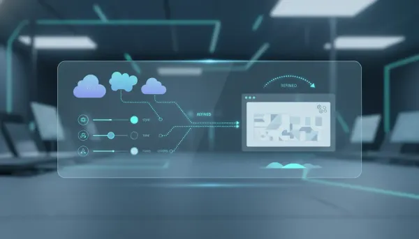 Conceptual illustration of guided AI design preferences where detailed controls shape a refined first draft in a digital design workspace, with no text.