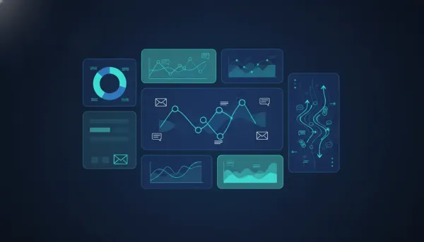 Modern CRM dashboard illustration with embedded SMS module widget panels and messaging activity visuals, no text