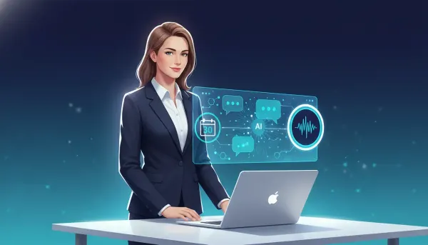 Modern illustration of a professional starting a 30-day conversational AI free trial with holographic chat interfaces and an offer badge, with no text.