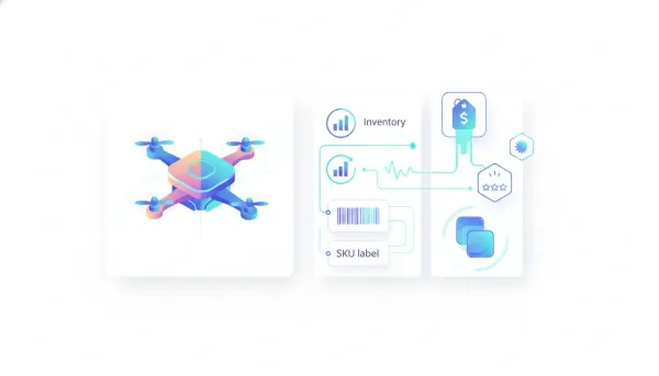 Illustration of a product detail page UI with icons and glowing data connections showing real-time ecommerce custom values updating dynamically, with no text.