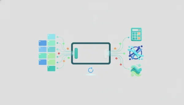 Illustration of an accounting sync dashboard showing connected systems with green, warning, and error sync status indicators and retry flow.
