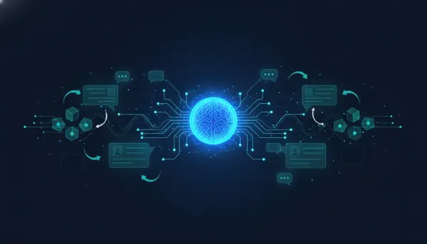 Abstract illustration of an AI memory system reusing stored context to personalize CRM and automation workflows, shown with connected nodes, chat bubbles, and glowing network paths.