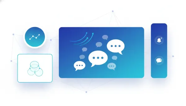 Abstract illustration of a CRM dashboard with dedicated SMS module widgets and messaging performance charts, representing upgraded SMS reporting in HighLevel.
