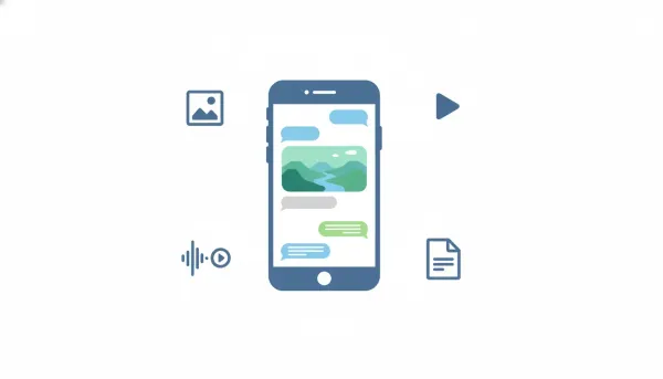Illustration of a smartphone chat showing a media attachment with an associated caption, surrounded by image, video, audio, and document icons.