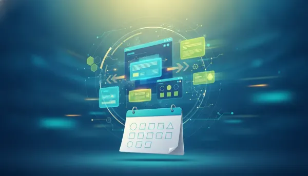 Summer-themed digital automation illustration showing an abstract AI dashboard, connected workflow network, and fast-response speed ring