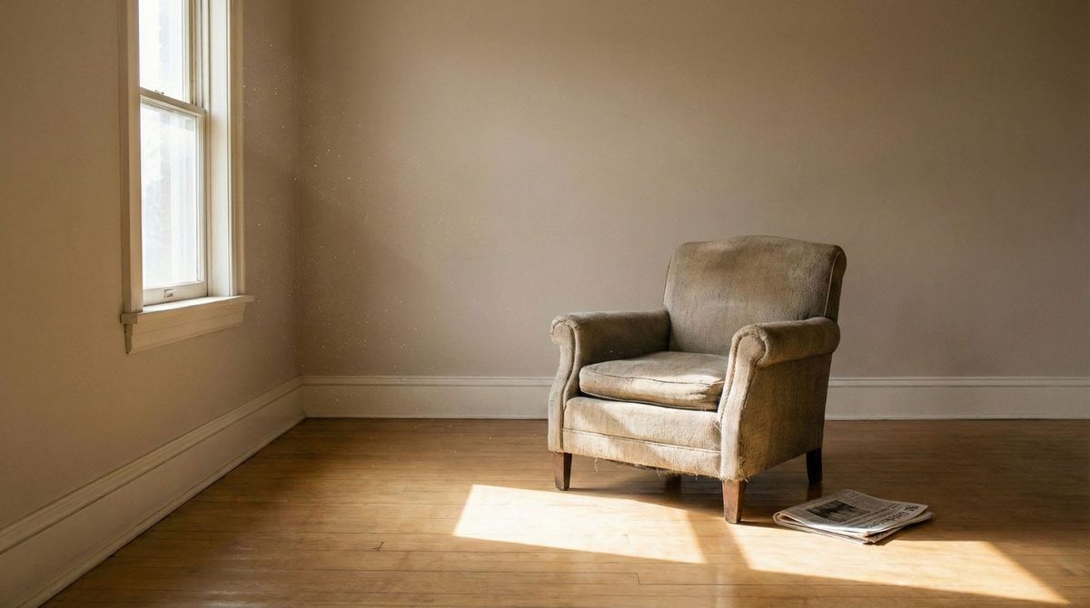 An empty room with scattered papers, a single chair, afternoon light through glass windows, no furniture.