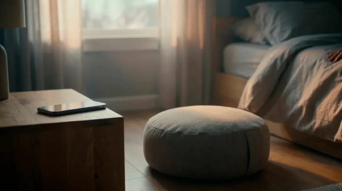 Empty meditation cushion beside an untouched phone in early morning light - the space between intention and action