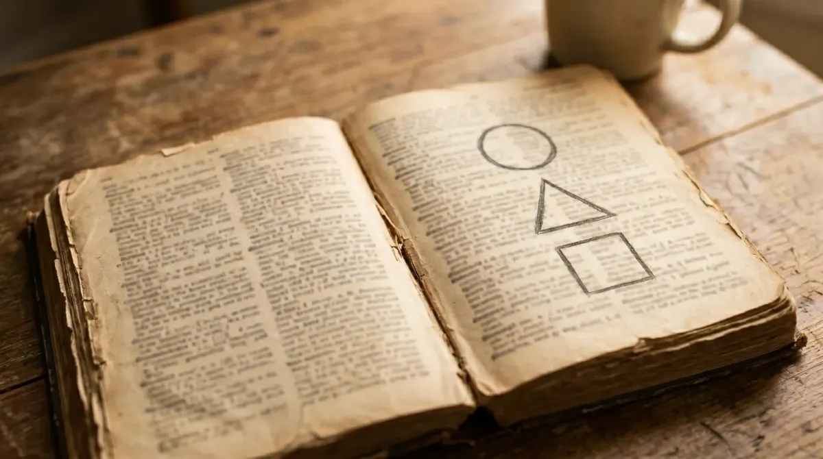 An open dictionary with out-of-focus pages; a hand-drawn square, triangle, and circle on the right page.