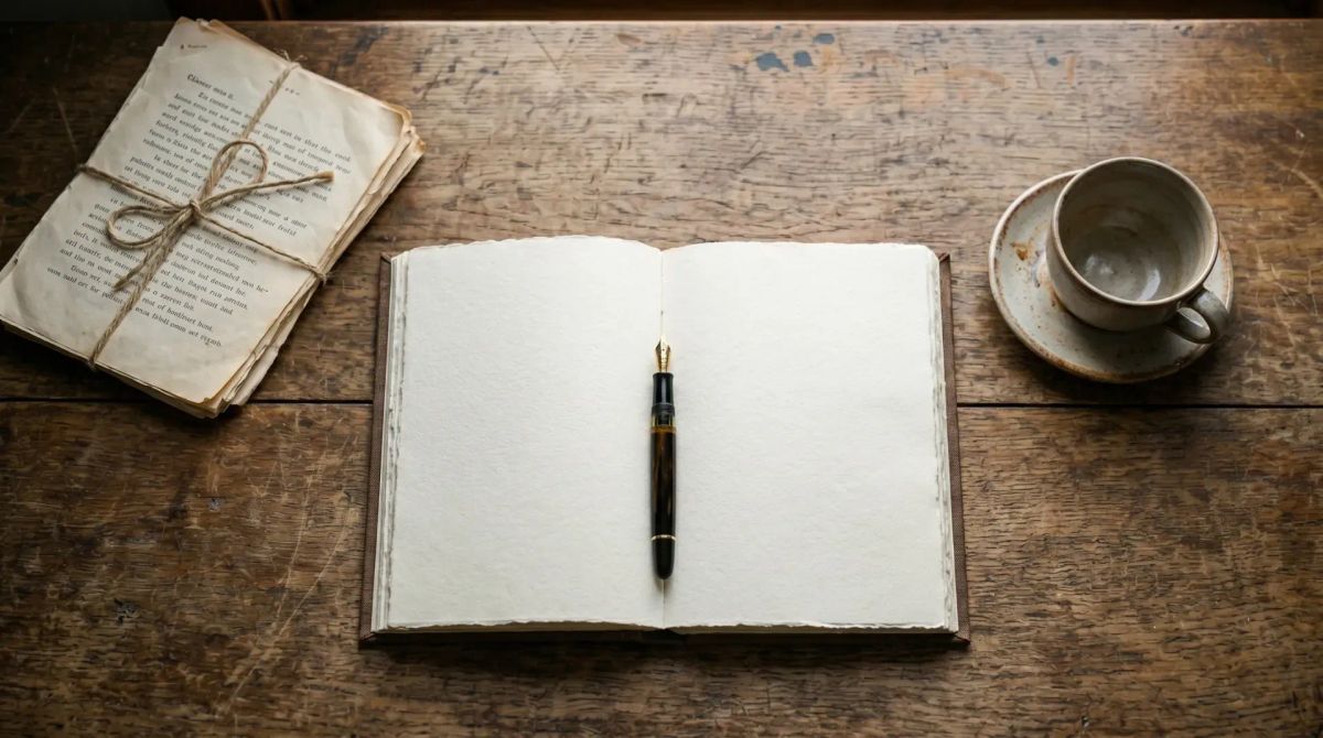 A wooden desk in morning light with an open journal, fountain pen, and a stack of yellowed typewritten papers nearby - a still life of source-checking and slow thought.